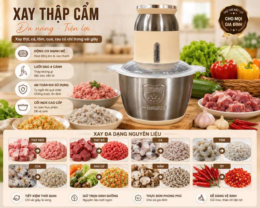 Xay thập cẩm: thịt heo, thịt bò, cá, tôm, cua, rau củ, nấm, ớt