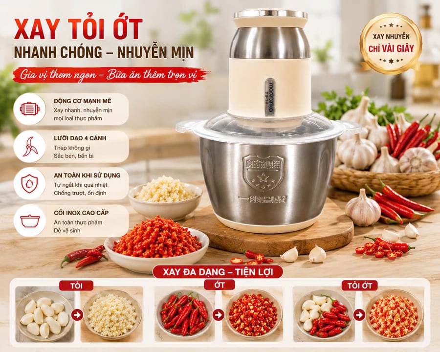 Xay tỏi ớt nhanh chóng, nhuyễn mịn